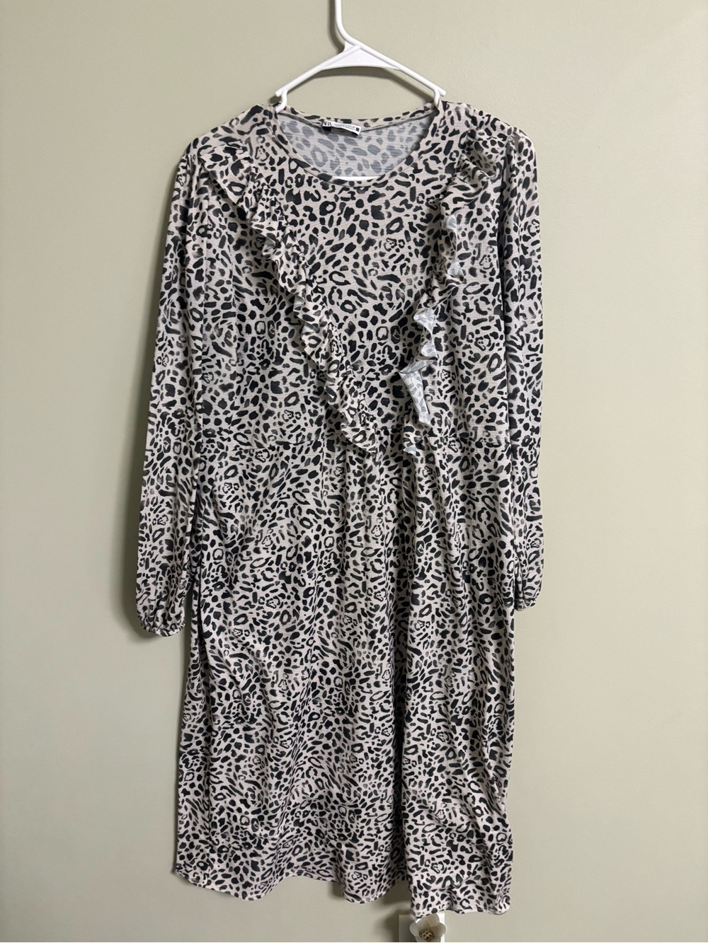 Zara Faded Leopard Print Ruffle Midi Dress Long Sleeve Black White Size Medium